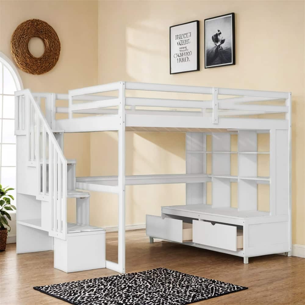 Full Size Loft Bed with Desk and Shelves,Two Drawers,Storage Staircase