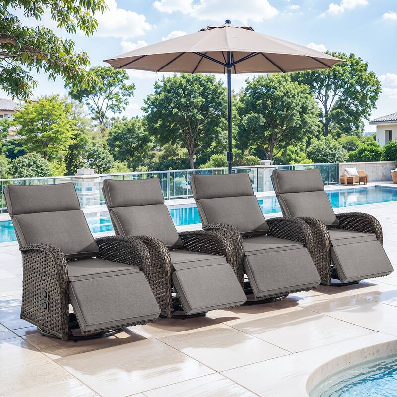 Pocassy Swivel Reclining Chair Lounge Chair with Adjustable Backrest - Gray Cushion - Browm Wicker - 4-Piece Recliner Swivel Chair