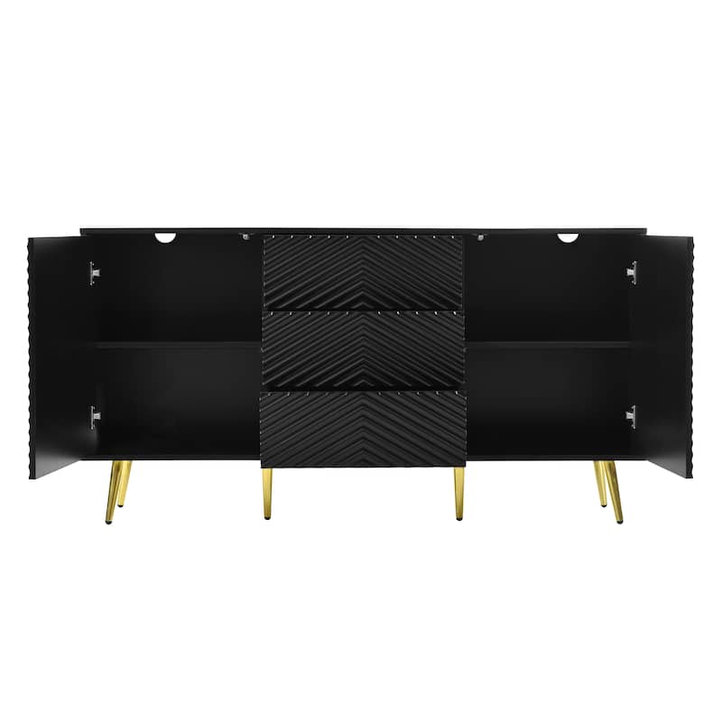 Modern Sideboard with Geometric Line Design, Conical Metal Legs, and Central Drawers for Stylish Storage