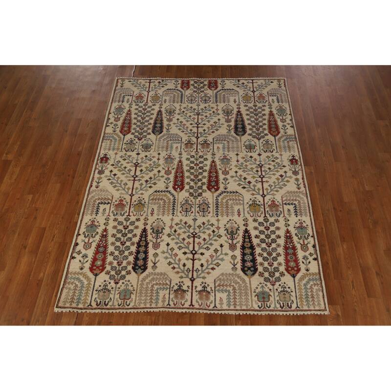 Hand Knotted Oriental 100% Wool Carpet Traditional All-Over Beige & Ivories Ziegler Area Rug - 6' 7'' X 5' 0''