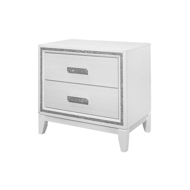 White Glam Nightstand with Crystal Handles and 2 Spacious Drawers