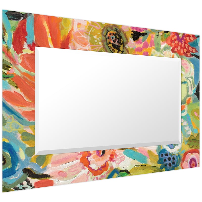 "Secret Garden Floral III" Rectangular Beveled Mirror on Free Floating Reverse Printed Tempered Art Glass - 48" x 32"