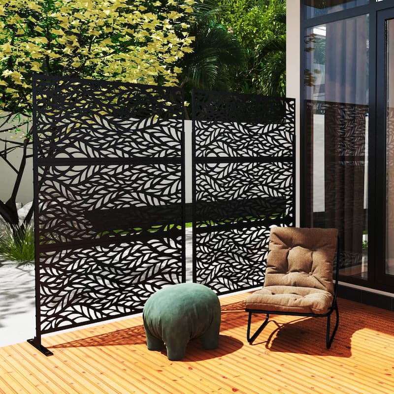 Outdoor Privacy Screen with Stand for Patio Garden Metal Fence - Black - 007-Leaves