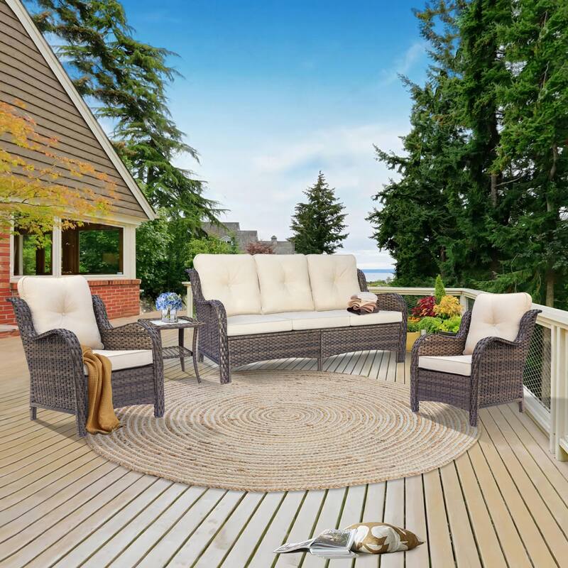 Outdoor Brown Wicker Patio Furniture Seating Sets with Beige Cushions - 4 Piece