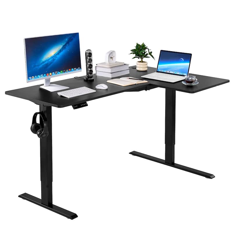 Black Particleboard L-Shaped Electric Height Adjustable Desk with Dual Motors - Black