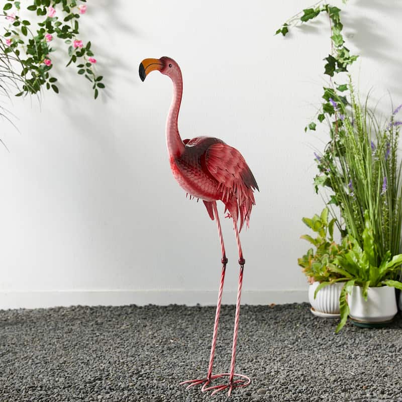 Glitzhome Metal Standing Crane Flamingo Garden Statue with Stakes Yard Art Sculpture Porch Decor