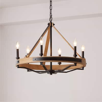 VidaLite Savannah 6-Light Rustic Farmhouse Style Chandelier, Natural Brown & Matte Black Round Pendant Chandelier Light