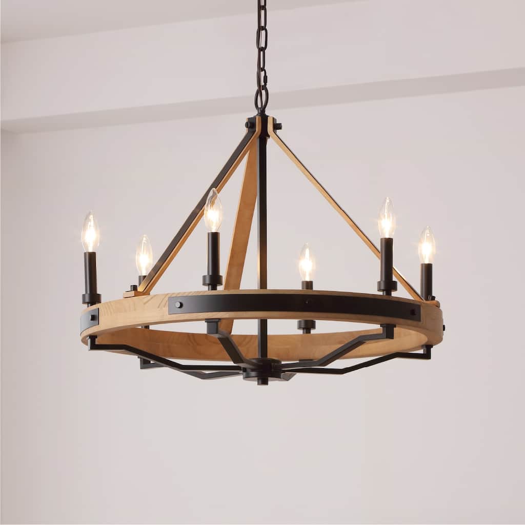 VidaLite Savannah 6-Light Rustic Farmhouse Style Chandelier, Natural Brown & Matte Black Round Pendant Chandelier Light