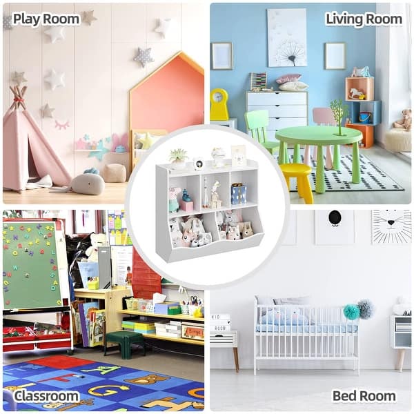 Kids Bookshelf and Toy Storage Organizer, Multifunctional 4-Tier White Wooden Bookcase with Toy Bin for Nursery, Playroom, or Kids Room