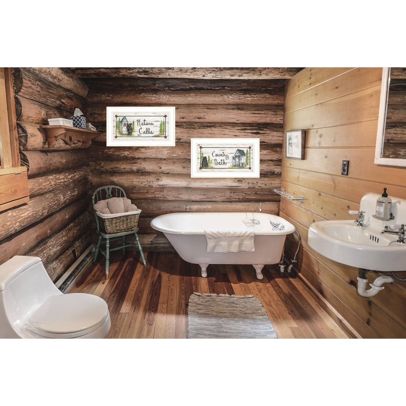 Set Of Two Whimsical Bear Nature Calls White Framed Bathroom Prints