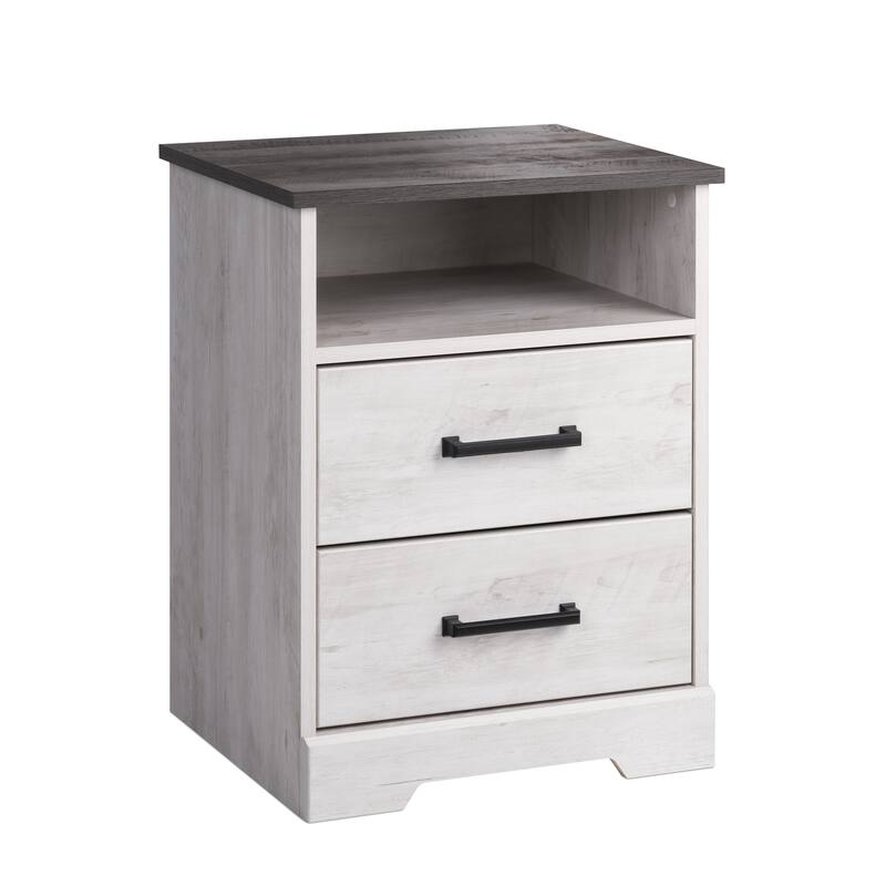 Prepac Rustic Ridge Farmhouse Nightstand Bedside Table, Nightstand for Bedroom, End Table with 2 Drawers and Open Shelf - Washed White