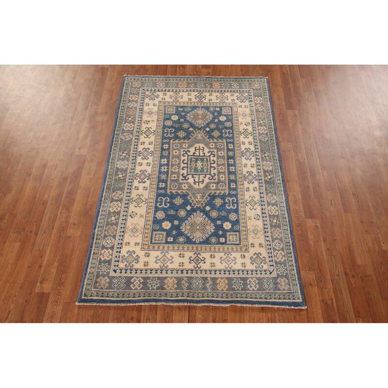Blue Kazak Oriental Area Rug Hand-Knotted Wool Carpet - 3'11"x 6'4"