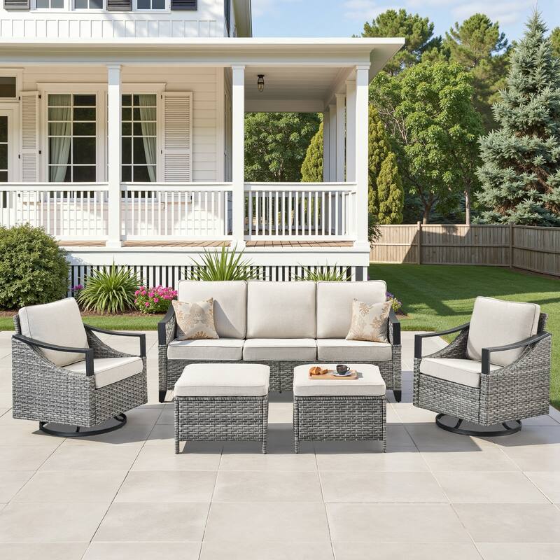 Pocassy Outdoor Sofa Swivel Patio Chair Table with Ottoman Set - Gray Wicker Beige Cushion - 4-Piece Sofa Swivel Chair with Ottoman