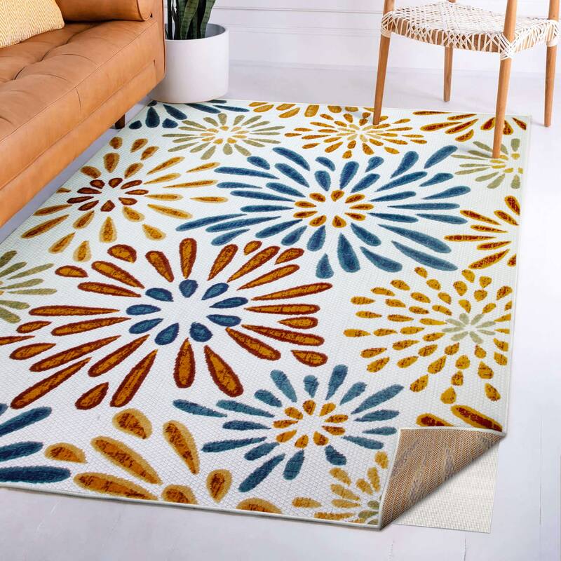 Leick Home Beam Flower Indoor Outdoor Area Rug Rectangle 8'X10' With Non-Slip Rug Pad - 8' x 10'
