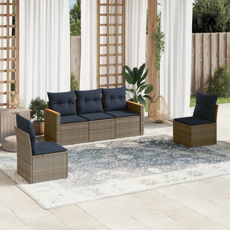 vidaXL Patio Sofa Set with Cushions Outdoor Conversation Furniture Poly Rattan - 21.7x 24.4x 27.2 - Grey and Blue-Without table