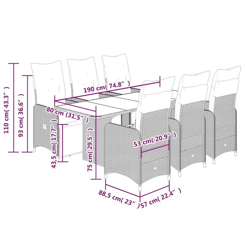 vidaXL Bistro Set Beige, Brown PE Rattan, Steel, Tempered Glass 6-seater - 21.5 x 23.0 x 36.2