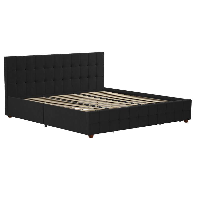 Roomfitters King Velvet Upholstered Bed Frame with Storage Drawers and Square Tufted Headboard, Black