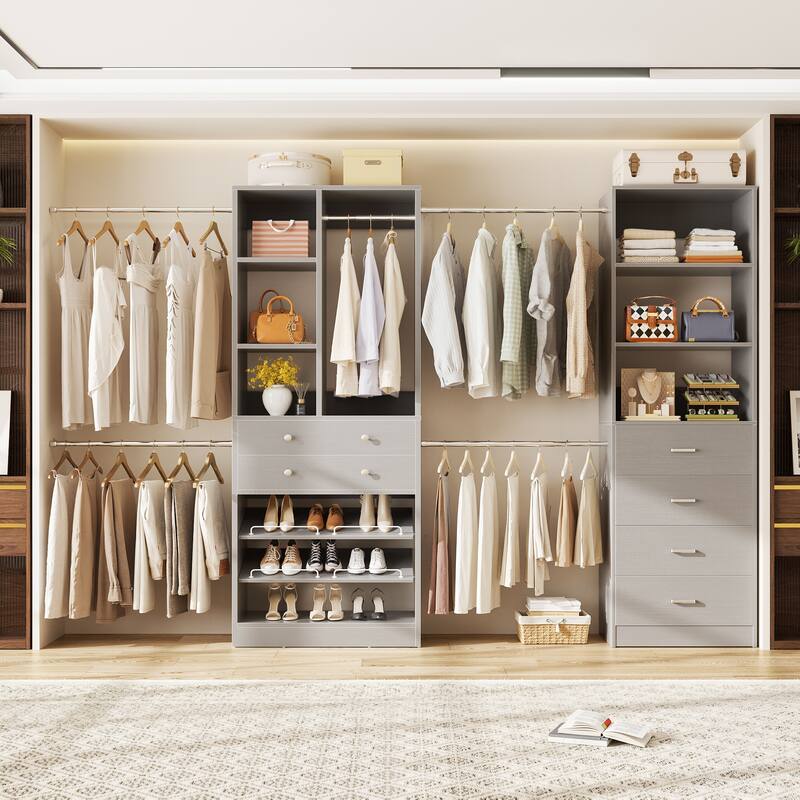 Set of 2 Closet Organizer System with Wood Drawers, Amoire Wardrobe with Hanging Rods - Grey