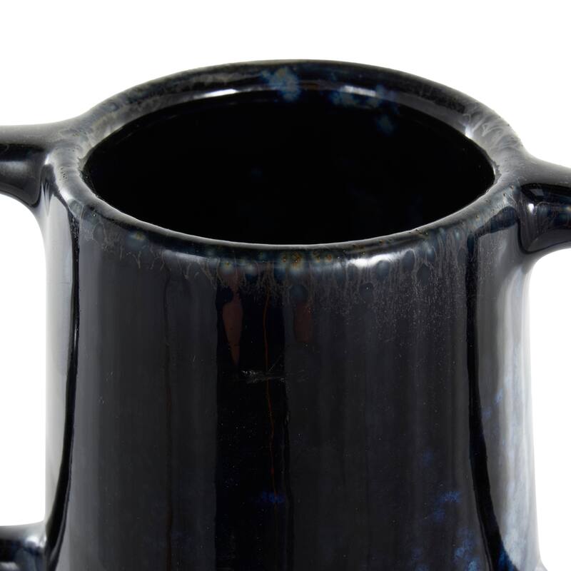 Dark Blue Ceramic Textured Cone Decorative Vase with Curved Handles
