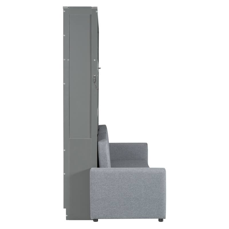 Foldable Canbinet Bedframe Storage Murphy Bed Queen Size Wall Bed with Integrated Linen Upholstered Sofa and Open Shelves