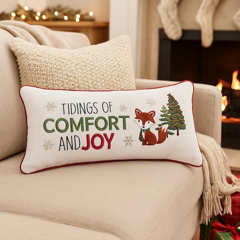 Woodland Fox Pine Trees "Comfort & Joy" Accent Pillow, 10" x 20"