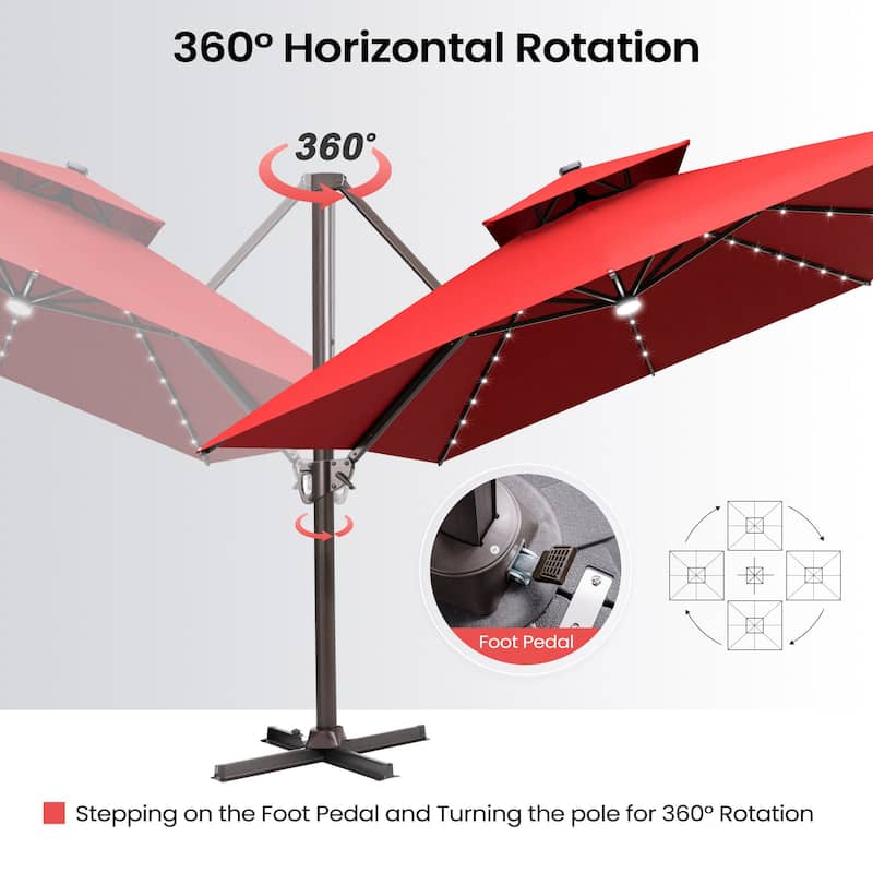 13 x 10 FT Solar Powered LED Light Patio Cantilever Umbrella Aluminum Pole with Base