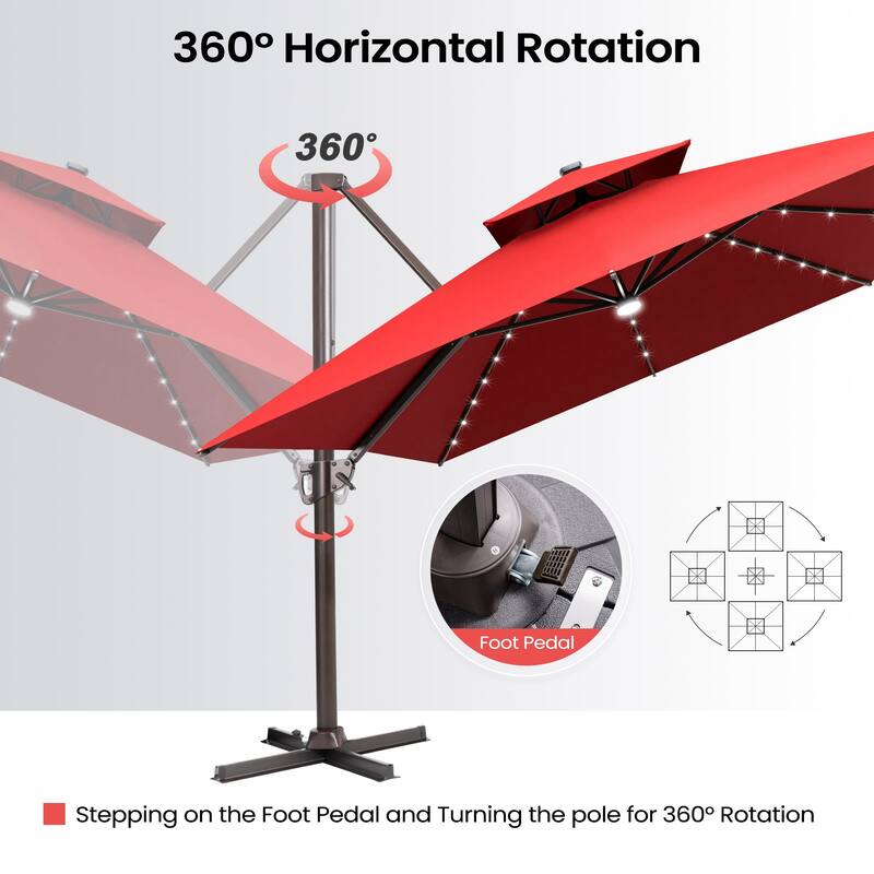 Outdoor Patio LED Lighted Cantilever Umbrella with 4-Piece Fillable Weighted Base