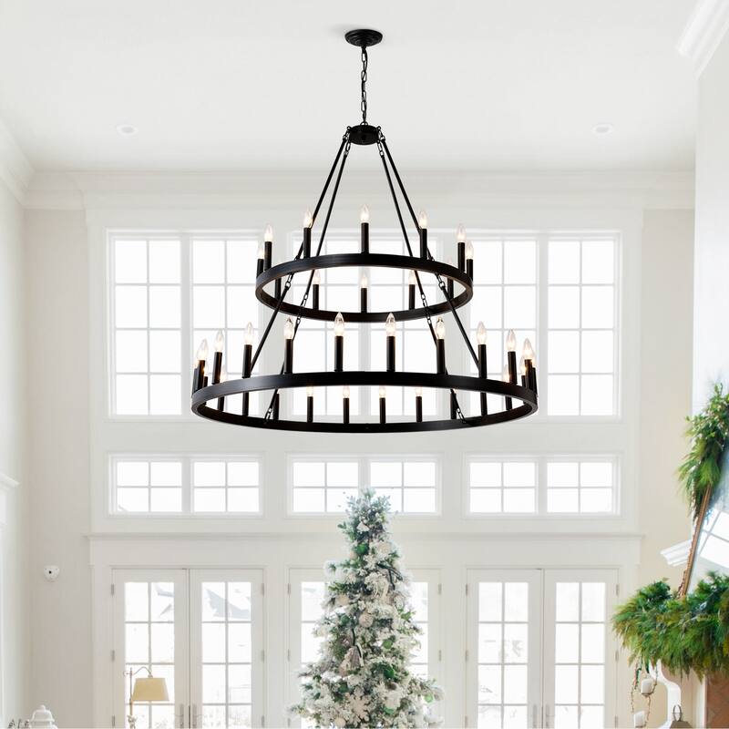 Farmhouse Industrial Style Ceiling Light, 2-Tier 36-Light Wagon Wheel Chandelier, for High-Ceilinged Living Rooms Dining Rooms