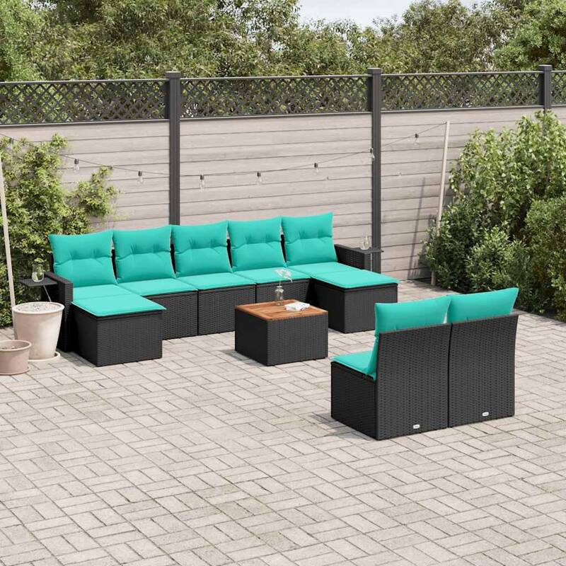 vidaXL 10 Piece Patio Sofa Set with Cushions Black Poly Rattan - 21.7" x 24.4" x 27.2" - Black and blue