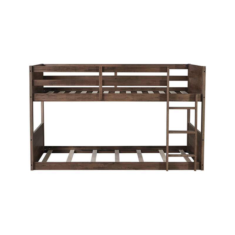Roomfitters Twin over Twin Floor Bunk Bed with Panel Headboard and Footboard, Solid Rubber Wood Frame, Ladder