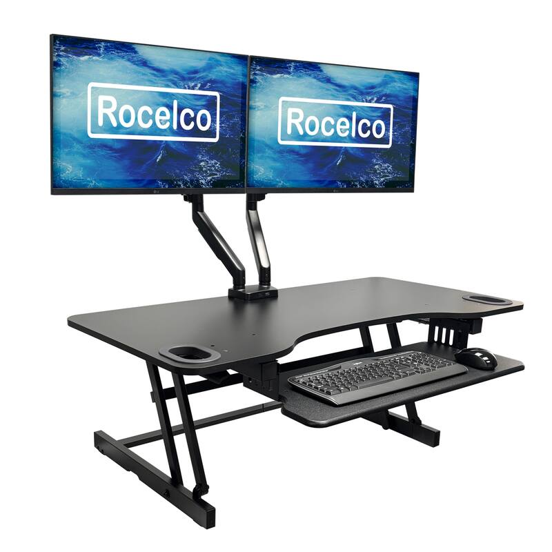 Rocelco 45 in. W Black Height Adjustable Standing Desk Converter with Dual Monitor Mount and Triple Screen Riser Platform