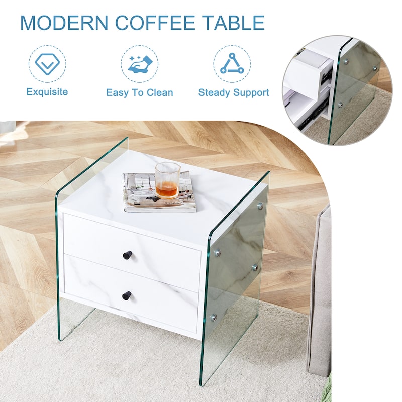 Double-Drawer Bedside Table:The Board Surface Is Mdf With White Grain Sticker,And Both Sides Are Transparent Tempered Glass