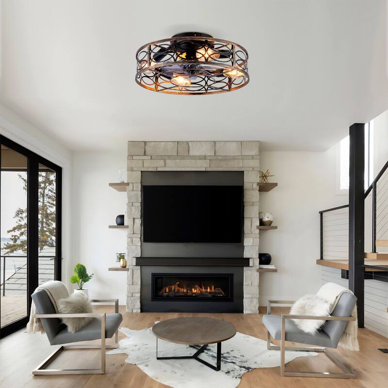 20 inch Flush Mount Ceiling Fan Light with Remote Caged Farmhouse Fandelier Black Wood Low Profile