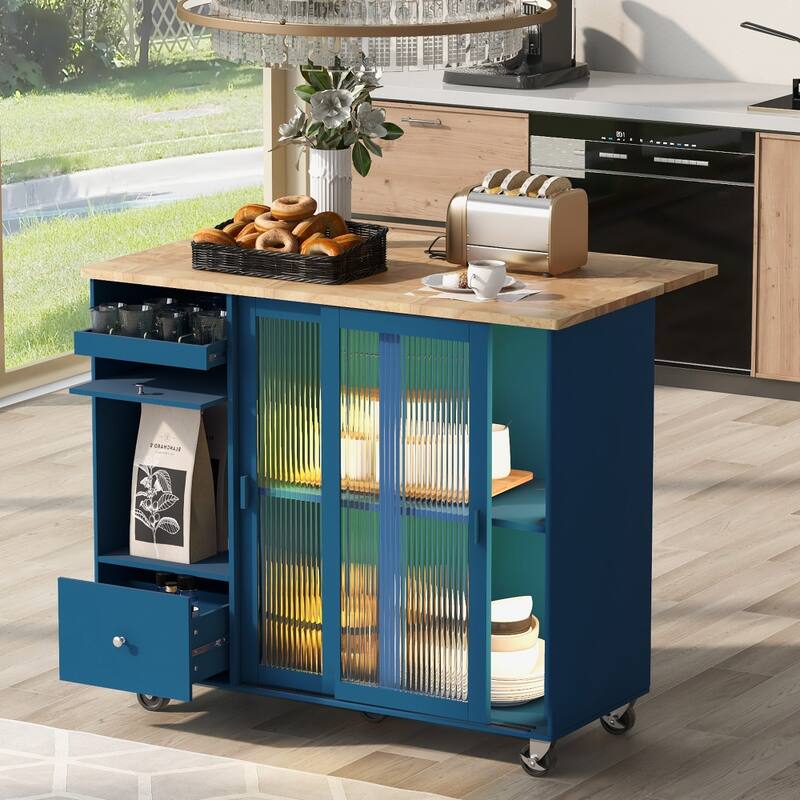 LED Light Kitchen Cart with Drop Leaf and Adjustable Shelf - Blue