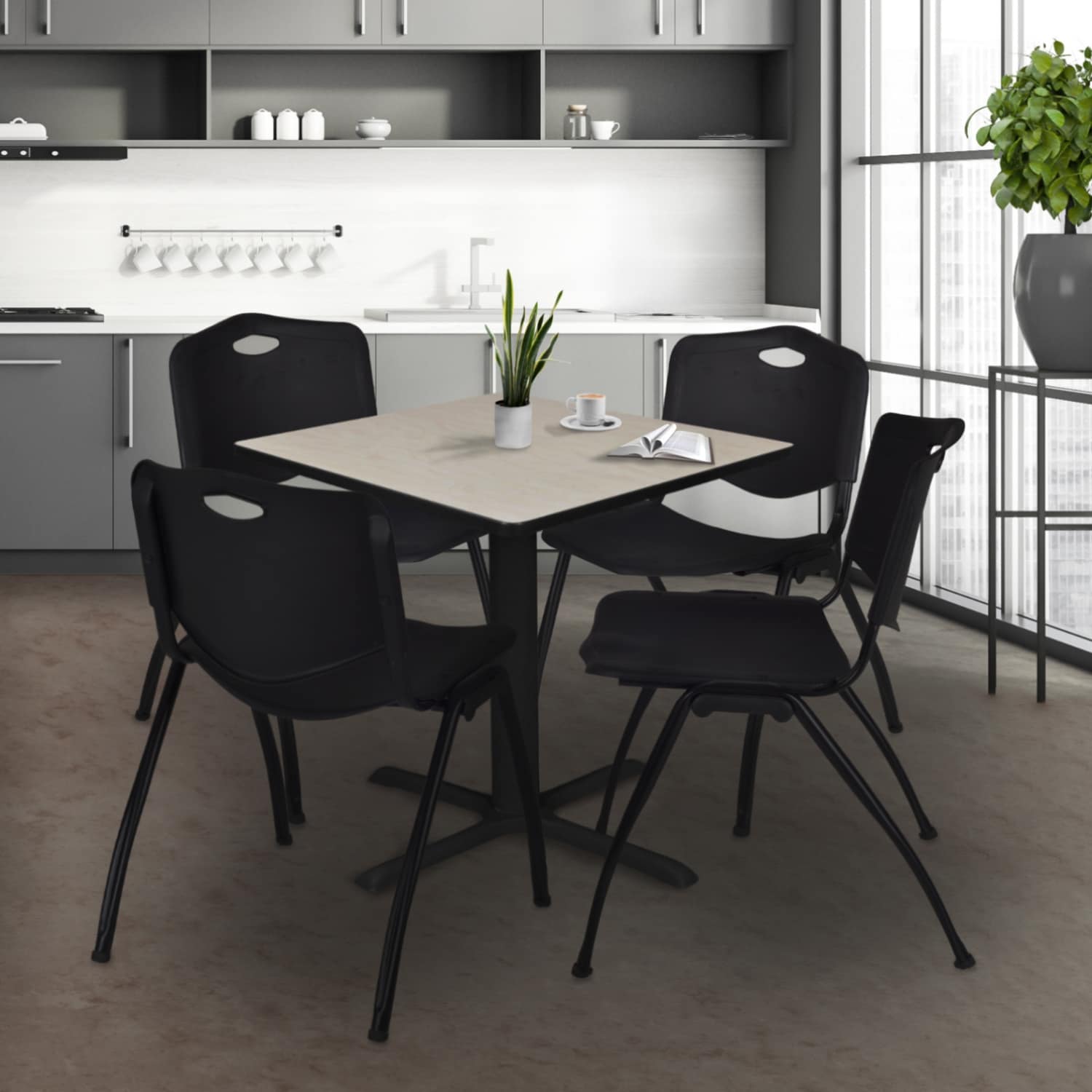 42" Square Breakroom Table- Maple & 4 'M' Stack Chairs- Black - 42