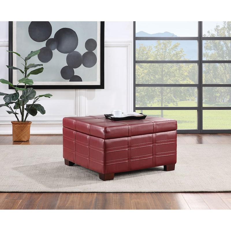 Detour Strap Square Storage Ottoman in Faux Leather - Crimson Red