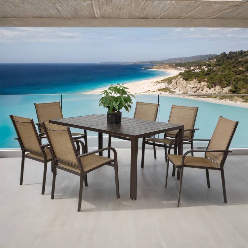 Patio Set with Rectangular Table & 6 Stackable Textilene Chairs, 7 Pcs