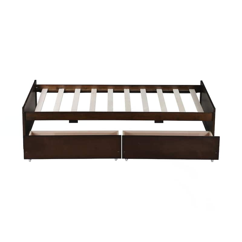 Twin Size Bed with 2 Drawers, Solid Rubber Wood Bed