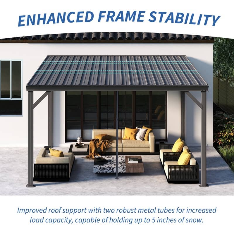 Domi Lean to Gazebo, Outdoor Hardtop Wall Mounted Gazebo with Sloping Galvanized Steel Roof