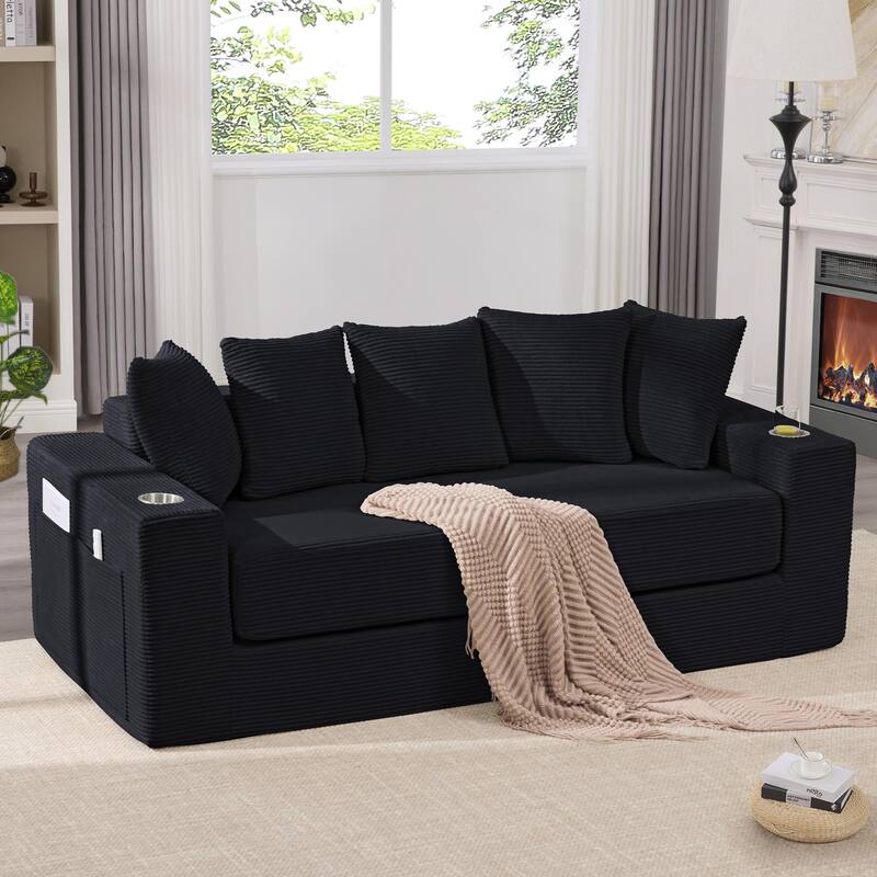 Convertible Corduroy Sleeper Loveseat Sofa Bed 3 Seater Floor Folding Couch with 5 Pillows, Cup Holders and Side Pockets - Black