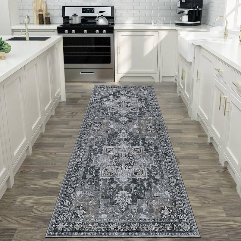 Mcow Grey Floral Low Pile Machine Washable Non-Slip Area Rug