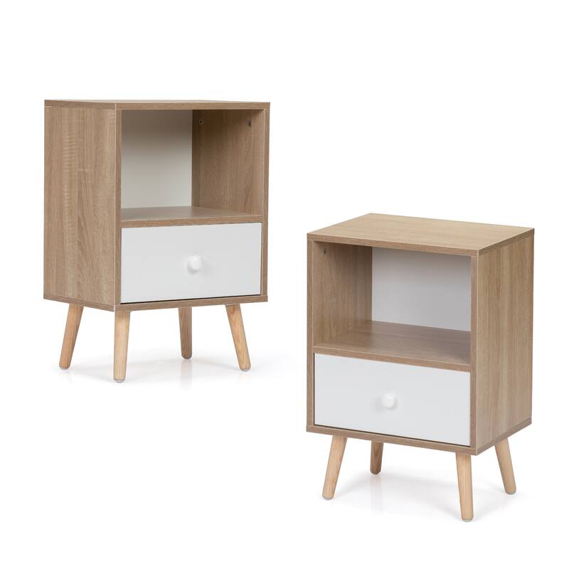 Mid-Century Wood Nightstand Set Of 2, Bed Sofa Side Table With Drawer And Shelf, Modern End Table Office