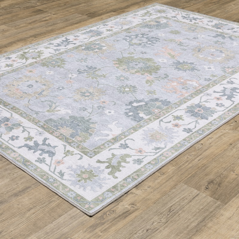 Ainsley Floral Traditional Blue/ Green Printed Washable Flat Pile Area Rug