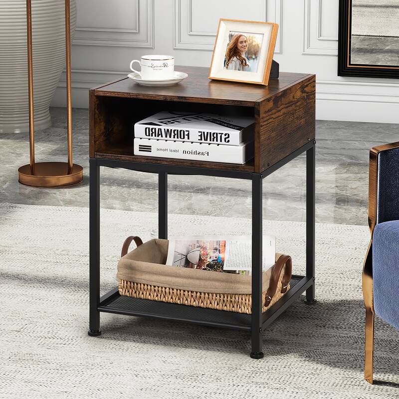 Nightstand End Side Table with Compartment Mesh Shelf for Home Office