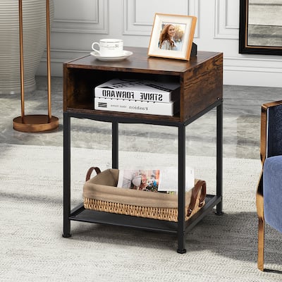 Nightstand End Side Table with Compartment Mesh Shelf for Home Office