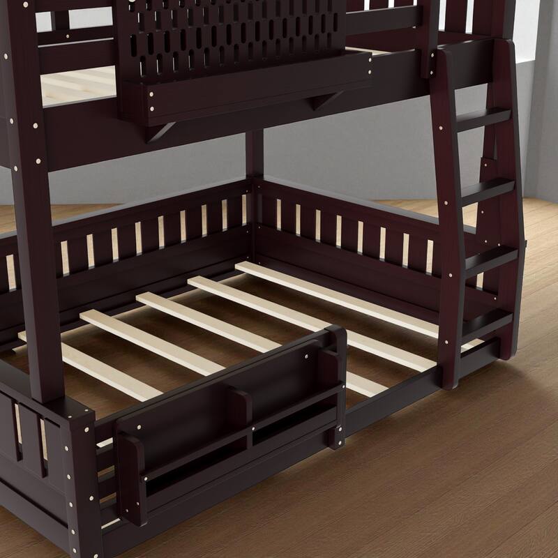 Full XL over Queen / Full over Queen Bunk Bed with Ladder, Guardrails, Pegboard & Built-In Bookshelf, Solid Wood Frame