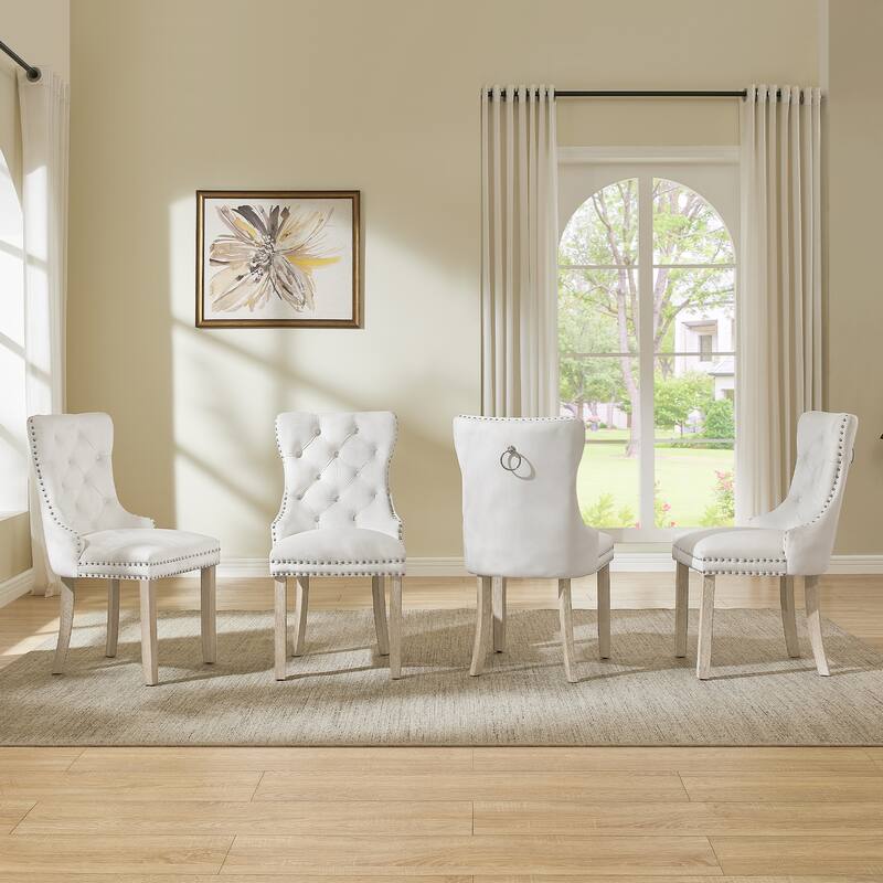 Mordern Fort Vintage Dining Table Set, Tufted Upholstered Chairs with Studded Trim