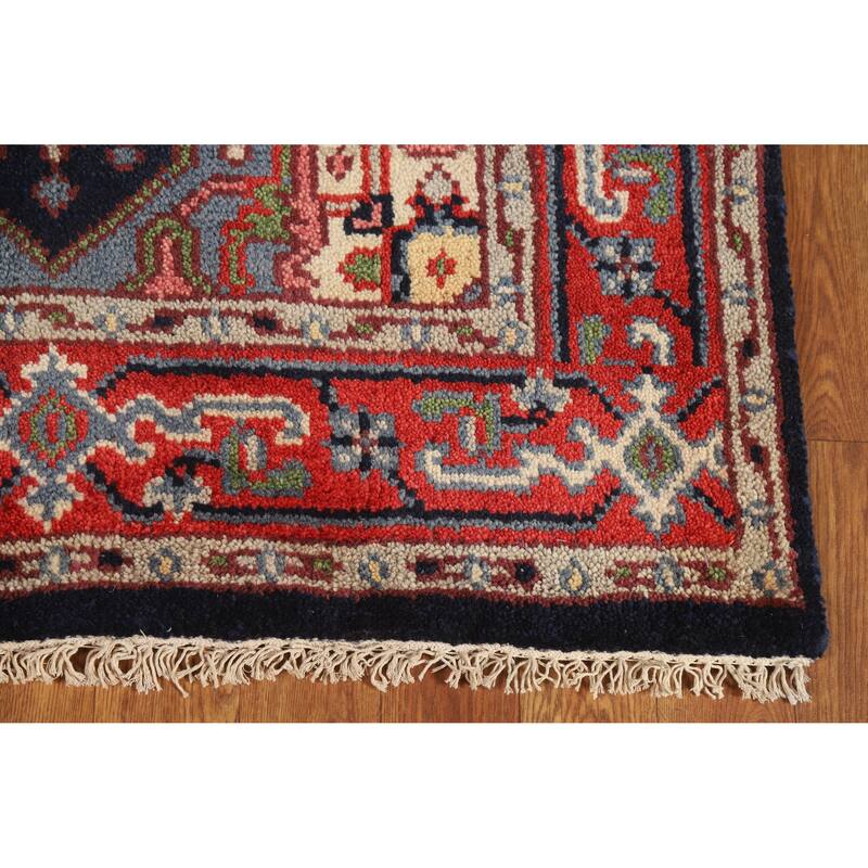 Hand Knotted Oriental 100% Wool Carpet Traditional Medallion Navy Blue & Blues Heriz (serapi) Area Rug - 4' 10'' X 3' 0''