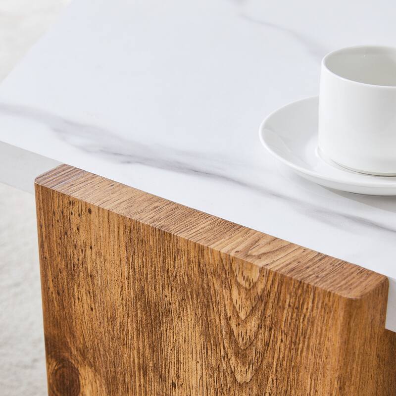 Faux Marble Top Hexagon Coffee Table Cocktail Table with Wooden Triangular Base