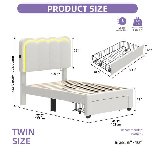 dimension image slide 1 of 3, Adjustable Headboard Lamb Wool Bed Frame with Drawer and Charging Station & LED Lights